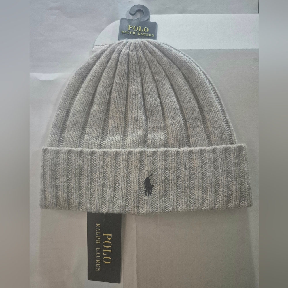 UNISEX Polo by Ralph Lauren Light Gray 🩶 Ribbed Beanie Hat Cap
